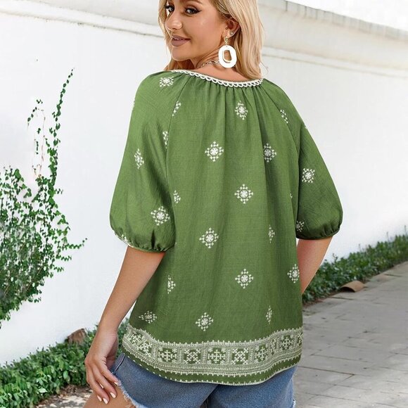 Womens Summer Boho Floral Blouse, Green Floral, XL - Picture 6 of 7
